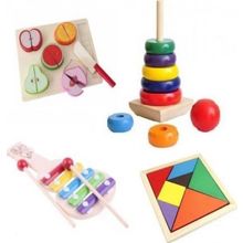 Hamaha Wooden Toys Ahşap Eğitici Geliştirici Geçmeli Kule+Meyve Kesme+Tangram+Selefon 4'Lü Set