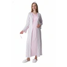 Hamile Gecelik ve Sabahlık Takımı/Bisiklet Yaka/Nefes Alan Pamuk Viskoz Kumaş/Şık Çizgili Model-2’li Set-(2319) (Pembe, M)