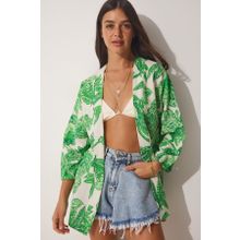 Happiness İst. BH00381 Kadın Bej Yeşil Desenli Keten Viskon Kimono