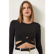 Happiness İst. CE00091 Siyah Cut Out Detaylı Crop Kadın Bluz