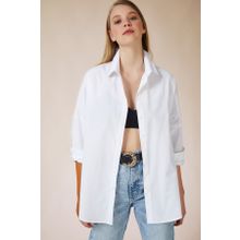 Happiness İst. DD00842 Kadın Beyaz Oversize Uzun Basic Gömlek