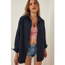 Happiness İst. DD00842 Kadın Lacivert Oversize Uzun Basic Gömlek