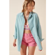 Happiness İst. DD00842 Kadın Su Yeşili Oversize Uzun Basic Gömlek