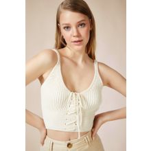 Happiness İst. EM00077 Kadın Krem Zikzak İpli Triko Crop Bluz