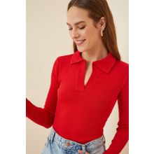 Happiness İst. GT00111 Kadın Kırmızı Polo Yaka Fitilli Örme Bluz