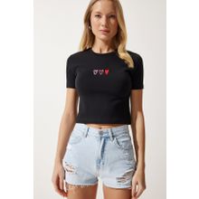 Happiness İst. Kadın Siyah Kalp Nakışlı Crop Örme T-Shirt MX00158