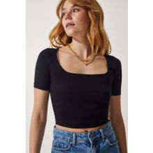 Happiness İst. Kadın Siyah Kare Yaka Crop Örme T-Shirt AN00170