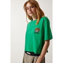 Happiness İst. Kadın Yeşil Ayıcık Armalı Crop Örme T-Shirt HF00456