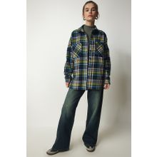 Happiness İst. TU00034 Kadın Lacivert Yeşil Desenli Oversize Kaşe Oduncu Gömlek