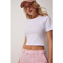Happiness İst. UB00064 Kadın Beyaz Bisiklet Yaka Crop T-Shirt