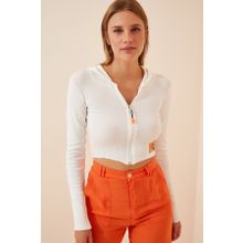 Happiness İst. YK00011 Kadın Beyaz Kapüşonlu Fermuarlı Crop Sweatshirt