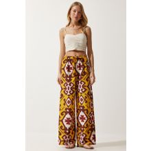 Happiness İstanbul BH00397 Hardal Desenli Ham Keten Palazzo Kadın Pantolon