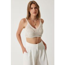 Happiness İstanbul BV00117 Krem İncili Triko Crop Triko Kadın Bluz