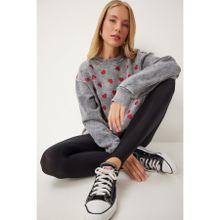 Happiness İstanbul Kadın Antrasit Yıkamalı Kalp Nakışlı Örme Sweatshirt NJ00159