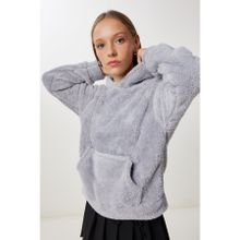 Happiness İstanbul Kadın Gri Kapüşonlu Cepli Polar Sweatshirt ZV00344