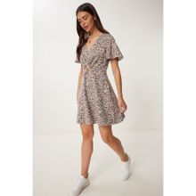 Happiness İstanbul Kadın Haki Çiçekli Yazlık Mini Keten Elbise FK00034