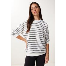 Happiness İstanbul Kadın Siyah Beyaz Çizgili Oversize Örme Sweatshirt ZV00339