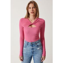 Happiness İstanbul SF00005 Pembe Cut Out Detaylı Fitilli Örme Kadın Bluz