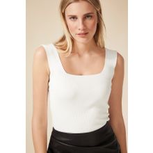 Happiness US00358 İstanbul Kadın Beyaz Kare Yaka Triko Crop Bluz
