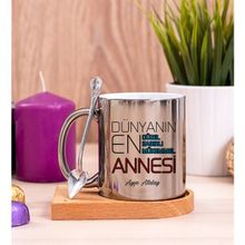 Hediye Dükkanı Dünyanın En Iyi Annesi Ahşap Altlıklı Kaşıklı Silver Kupa Bardak