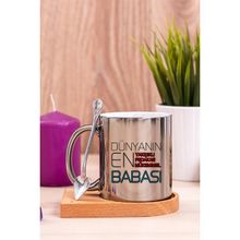 Hediye Dükkanı Dünyanın En Iyi Babası Ahşap Altlıklı Kaşıklı Silver Kupa Bardak