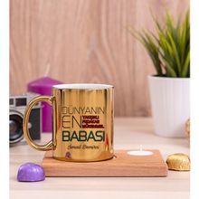 Hediye Dükkanı Dünyanın En Iyi Babası Ahşap Altlıklı Mumlu Gold Kupa Bardak