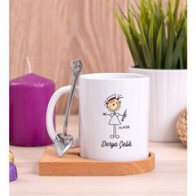 Hediye Dükkanı Hemşire Karikatürü Ahşap Altlıklı Kaşıklı Beyaz Kupa Bardak