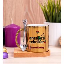 Hediye Dükkanı Kişiye Özel Anestezi Teknikeri Ahşap Altlıklı Kaşıklı Gold Kupa Bardak