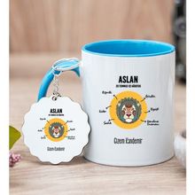 Hediye Dükkanı Kişiye Özel Aslan Burcuna Hediye Mavi Kupa Bardak ve Anahtarlık