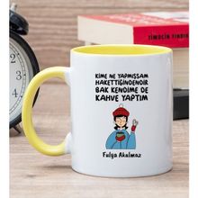 Hediye Dükkanı Kişiye Özel Bak Kendime de Kahve Yaptım Baskılı Sarı Kupa Bardak
