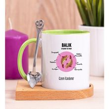 Hediye Dükkanı Kişiye Özel Balık Burcuna Hediye Ahşap Altlıklı Yeşil Kupa Bardak