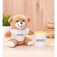 Hediye Dükkanı Kişiye Özel Çiçek Harf Tasarım isim Yazılı Sarı Kupa Bardak ve Peluş Ayıcık