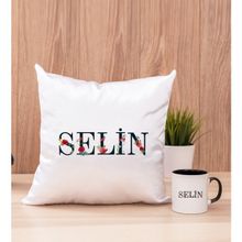 Hediye Dükkanı Kişiye Özel Çiçek Harf Tasarım İsim Yazılı Siyah Kupa Bardak ve Kare Yastık Seti