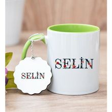 Hediye Dükkanı Kişiye Özel Çiçek Harf Tasarım İsim Yazılı Yeşil Kupa Bardak ve Anahtarlık