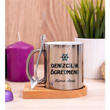 Hediye Dükkanı Kişiye Özel Denizcilik Öğretmeni Ahşap Altlıklı Kaşıklı Silver Kupa Bardak