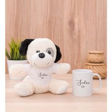 Hediye Dükkanı Kişiye Özel El Yazısı Tasarımlı İsimli Beyaz Kupa Bardak ve Peluş Köpek