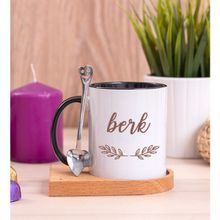 Hediye Dükkanı Kişiye Özel Erkeklere Hediye Ahşap Altlıklı Kaşıklı Siyah Kupa Bardak