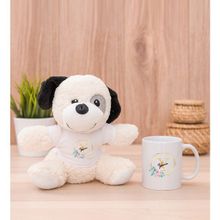 Hediye Dükkanı Kişiye Özel Geometrik Yaldız Tasarımlı İsimli Beyaz Kupa Bardak ve Peluş Köpek