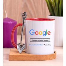 Hediye Dükkanı Kişiye Özel Google Tasarım Esprili Ahşap Altlıklı Kırmızı Kupa Bardak