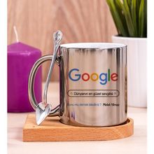 Hediye Dükkanı Kişiye Özel Google Tasarım Esprili Ahşap Altlıklı Silver Kupa Bardak