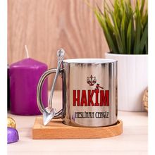 Hediye Dükkanı Kişiye Özel Hakim Ahşap Altlıklı Kaşıklı Silver Kupa Bardak