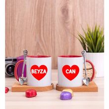 Hediye Dükkanı Kişiye Özel Isim Yazılı Kırmızı Kalpli Ikili Ahşap Altlıklı Kırmızı Kupa