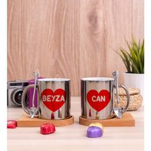Hediye Dükkanı Kişiye Özel İsim Yazılı Kırmızı Kalpli İkili Ahşap Altlıklı Silver Kupa Bardak