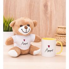 Hediye Dükkanı Kişiye Özel isim Yazılı Minik Kalpli Sarı Kupa Bardak ve Peluş Ayıcık