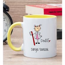 Hediye Dükkanı Kişiye Özel Kadın Diş Hekimi Karikatürü Sarı Kupa Bardak