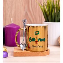 Hediye Dükkanı Kişiye Özel Laborant Ahşap Altlıklı Kaşıklı Gold Kupa Bardak
