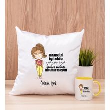 Hediye Dükkanı Kişiye Özel Maske Işi Iyi Oldu Tasarım Esprili Sarı Kupa Bardak ve Kare Yastık