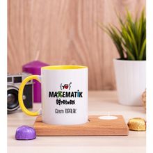 Hediye Dükkanı Kişiye Özel Matematik Öğretmeni Ahşap Altlıklı Mumlu Sarı Kupa