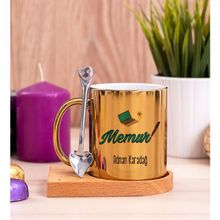 Hediye Dükkanı Kişiye Özel Memur Ahşap Altlıklı Kaşıklı Gold Kupa Bardak