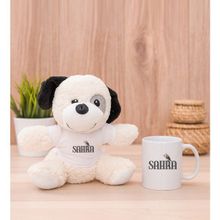 Hediye Dükkanı Kişiye Özel Minik Serçe isim Yazılı Beyaz Kupa Bardak ve Peluş Köpek